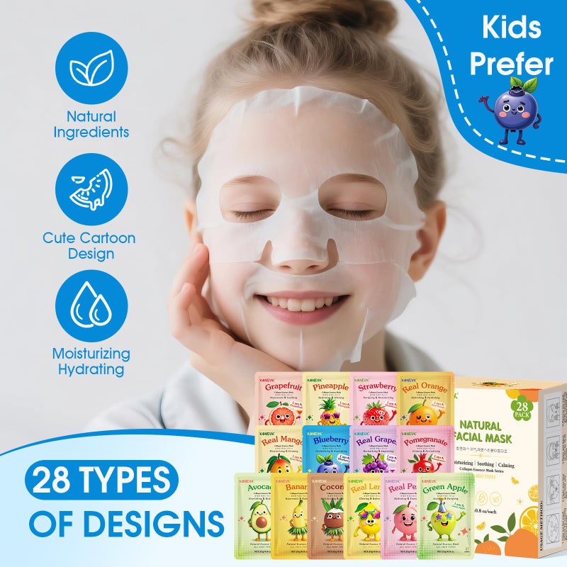 KONEUK 28 Pack Fruit Face Masks Skincare for Kids Girls, Sheet Collagen Face Mask for Women Skin Care, Bulk Hydrating Facial Mask for All Skin Types, Easter Basket Stuffers and Party Spa Gifts for Teens - Image 3