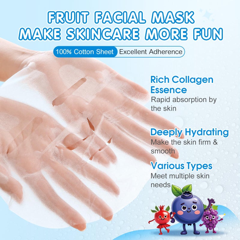 KONEUK 28 Pack Fruit Face Masks Skincare for Kids Girls, Sheet Collagen Face Mask for Women Skin Care, Bulk Hydrating Facial Mask for All Skin Types, Easter Basket Stuffers and Party Spa Gifts for Teens - Image 2