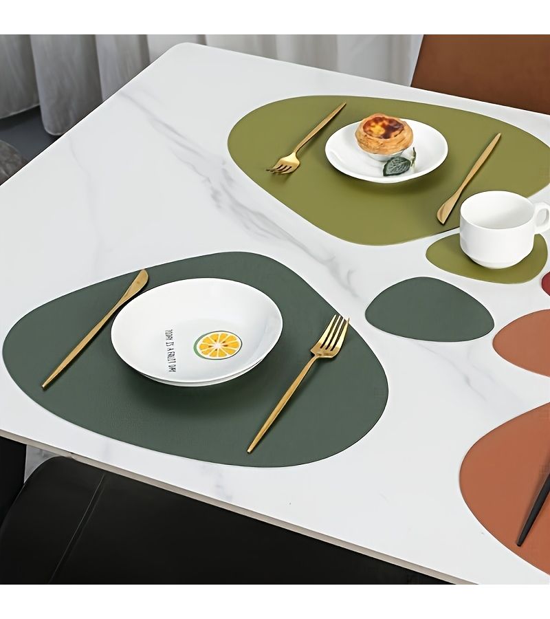 6pcs Grey Blue Faux Leather Placemats And Coasters Set Heat Resistant Washable Table Mats Nordic Style Kitchen - Image 3