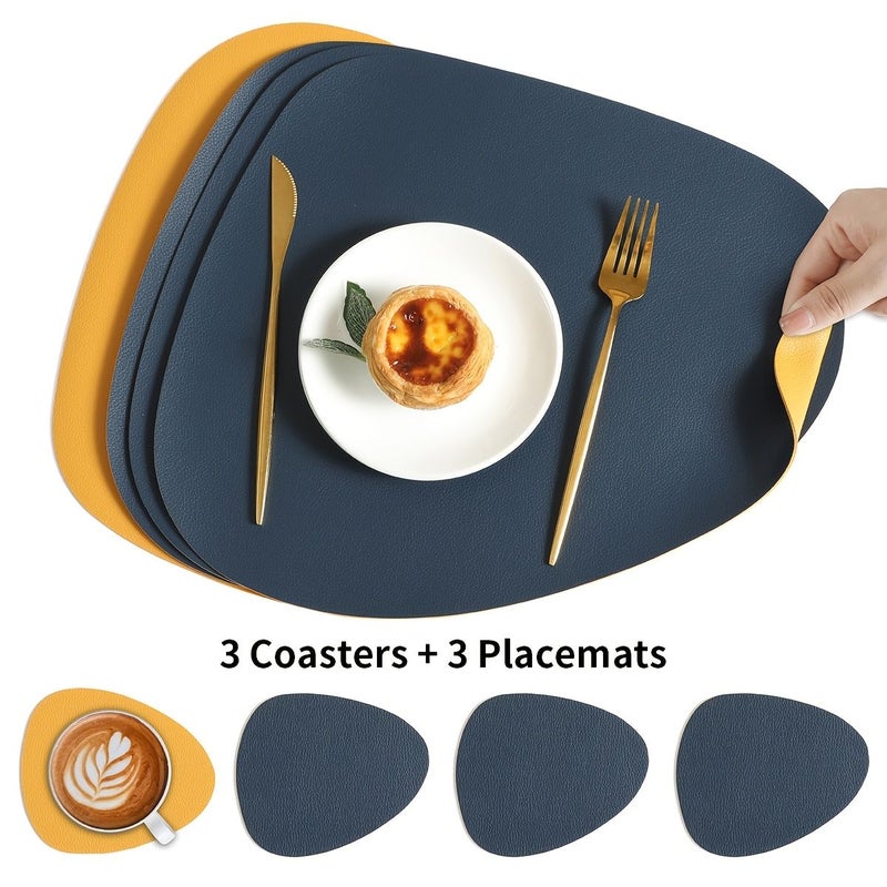 6pcs Grey Blue Faux Leather Placemats And Coasters Set Heat Resistant Washable Table Mats Nordic Style Kitchen - Image 1