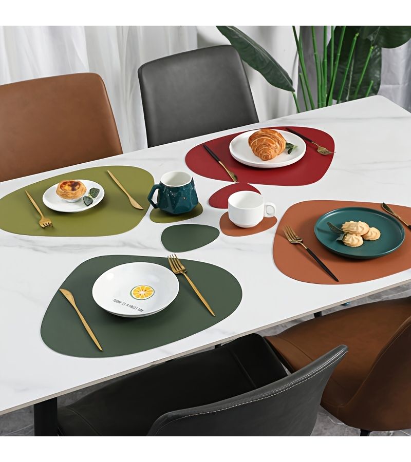 6pcs Grey Blue Faux Leather Placemats And Coasters Set Heat Resistant Washable Table Mats Nordic Style Kitchen - Image 4