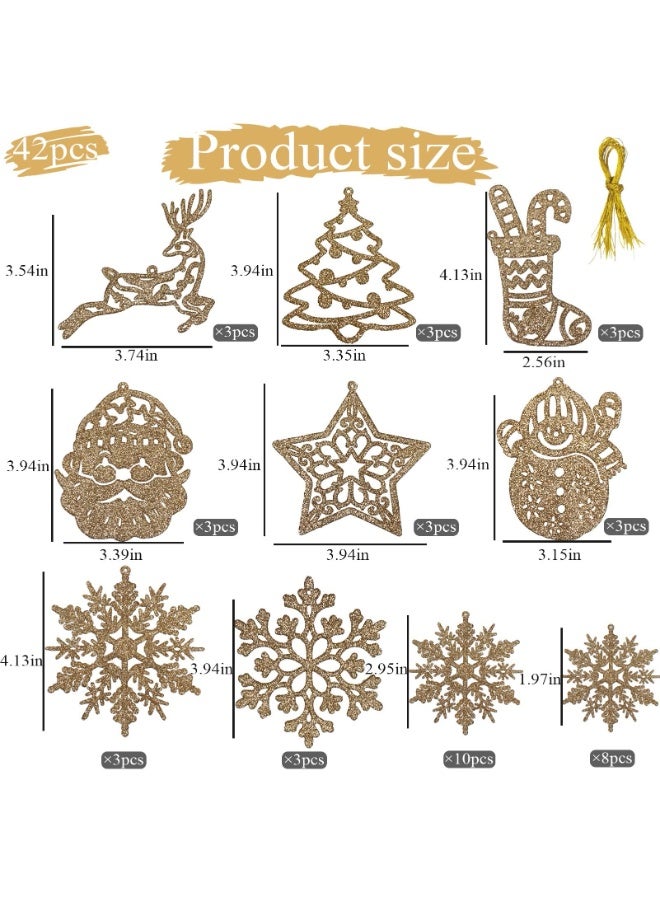 Chielor Christmas Tree Decoration Sparkling Snowflake Ornaments, 42pcs Champagne Glitter Snowflakes Sock Reindeer Santa Snowman Assorted Sizes Hanging Decorations for Winter Holiday Xmas Decoration Indoor - Image 2