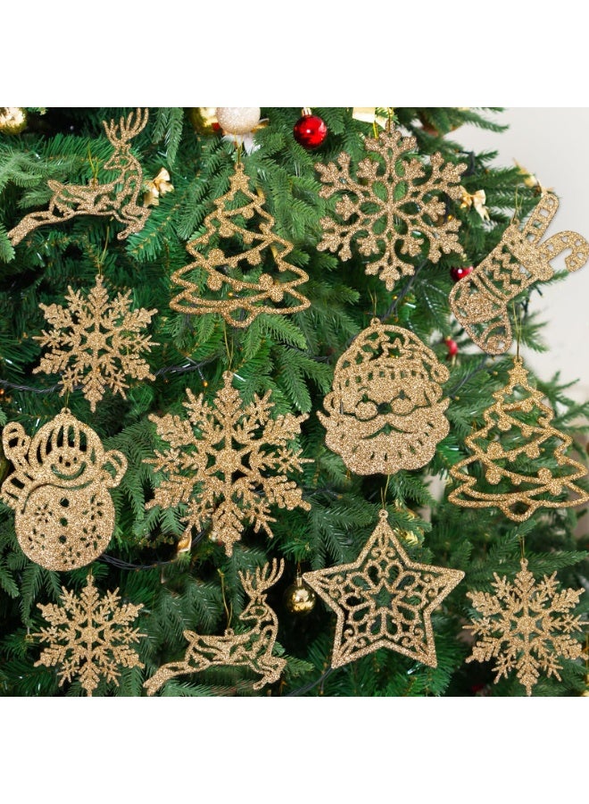 Chielor Christmas Tree Decoration Sparkling Snowflake Ornaments, 42pcs Champagne Glitter Snowflakes Sock Reindeer Santa Snowman Assorted Sizes Hanging Decorations for Winter Holiday Xmas Decoration Indoor - Image 1