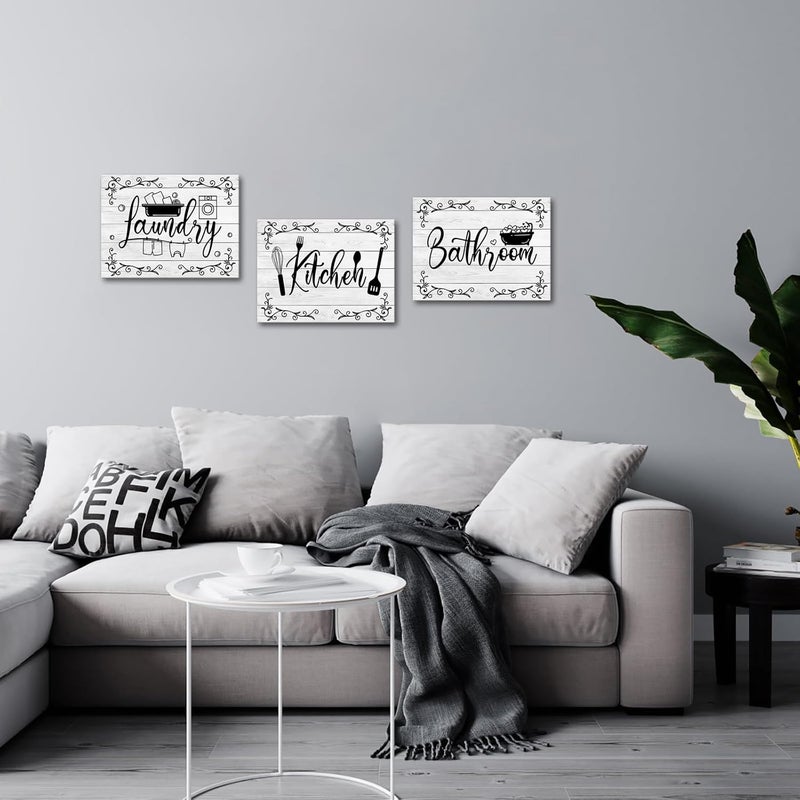 WELMECO Laundry Sign Bathroom Canvas Wall Art Kitchen Wall Decor, Framed Bathroom Kitchen Laundry Room Decor Pictures,12x16inchx3Pieces (Grey) - Image 4