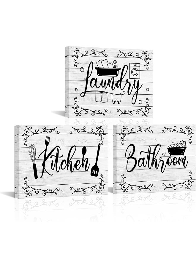 WELMECO Laundry Sign Bathroom Canvas Wall Art Kitchen Wall Decor, Framed Bathroom Kitchen Laundry Room Decor Pictures,12x16inchx3Pieces (Grey) - Image 1