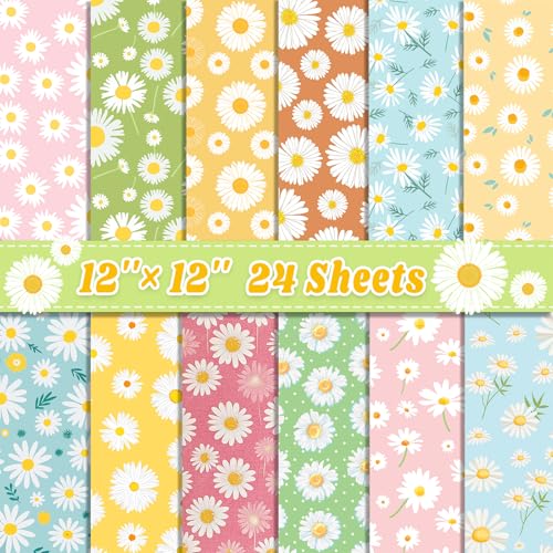 Feivando 24 Sheets Daisy Scrapbook Paper 12'' × 12'' Double-Sided Spring Summer Flower Pattern Paper Decorative Decoupage Cardstock for DIY Card Craft Making Scrapbook Supplies - Image 1