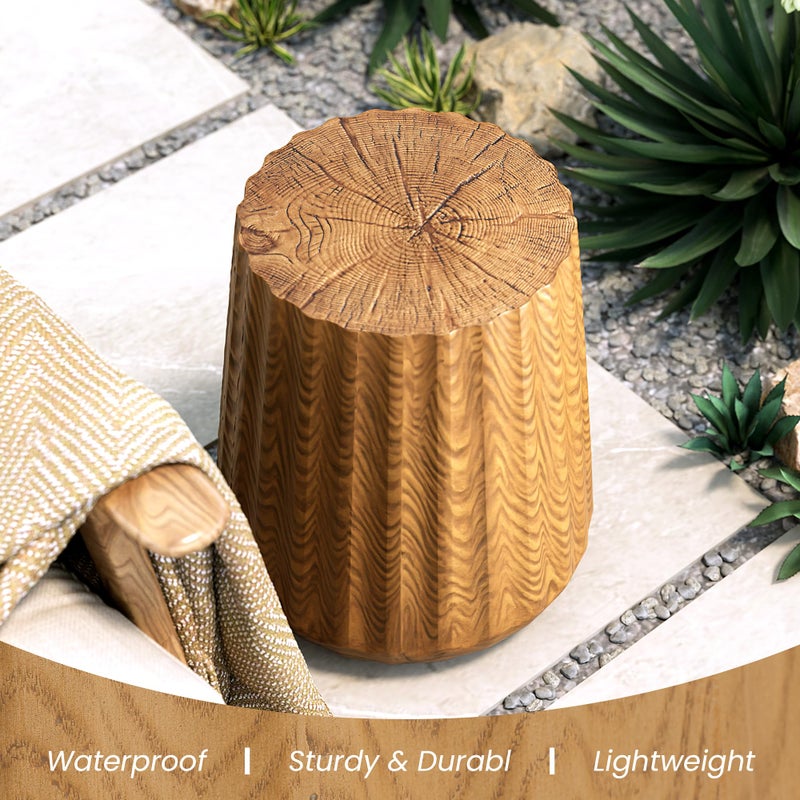 COSIEST Wooden Outdoor Side Table, Round MgO Concrete End Patio Side Table, Lightweight Cylinder Top Plant Stand with Rotund Base for Garden and Deck - Image 3