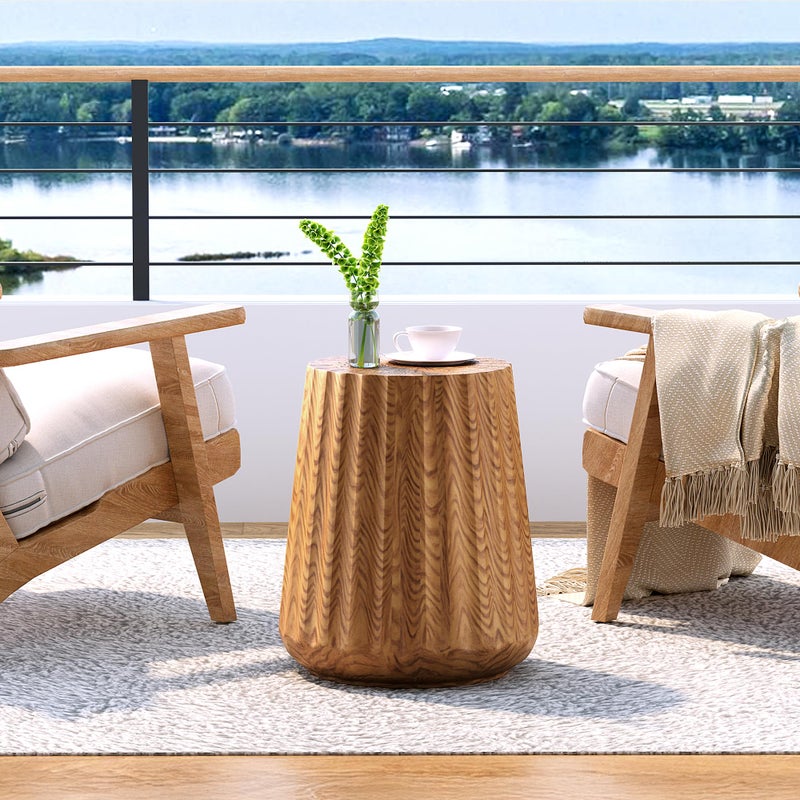 COSIEST Wooden Outdoor Side Table, Round MgO Concrete End Patio Side Table, Lightweight Cylinder Top Plant Stand with Rotund Base for Garden and Deck - Image 1