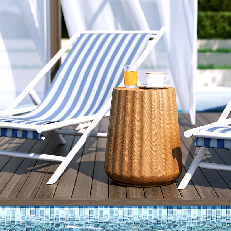 COSIEST Wooden Outdoor Side Table, Round MgO Concrete End Patio Side Table, Lightweight Cylinder Top Plant Stand with Rotund Base for Garden and Deck - Image 5