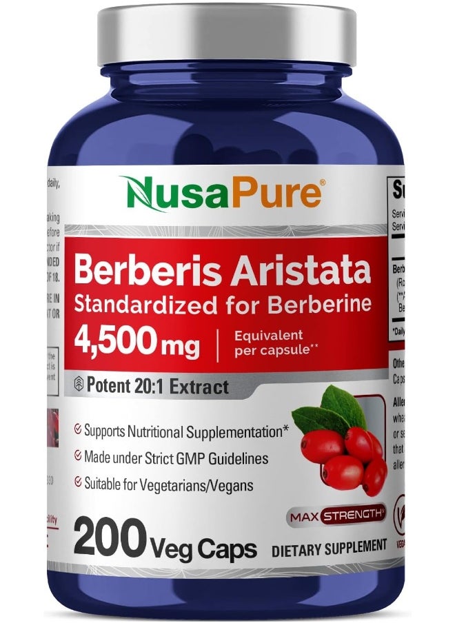 NusaPure NusaPure Berberine HCI 4500 mg - 200 Veggie Caps - 6 Months Supply - (100% Vegetarian, Non-GMO, Gluten-Free)  - Image 1