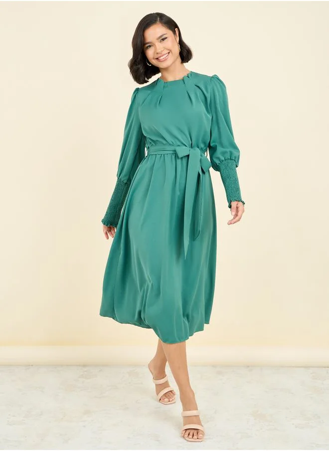 Styli Smocked Cuff Sleeves A-Line Midi Dress with Self Tie Up