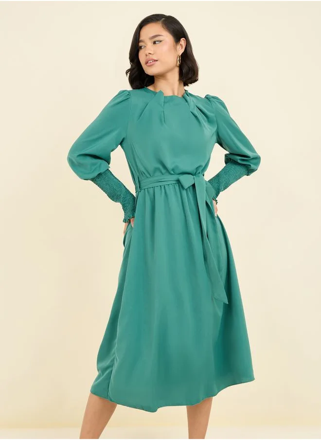 Styli Smocked Cuff Sleeves A-Line Midi Dress with Self Tie Up