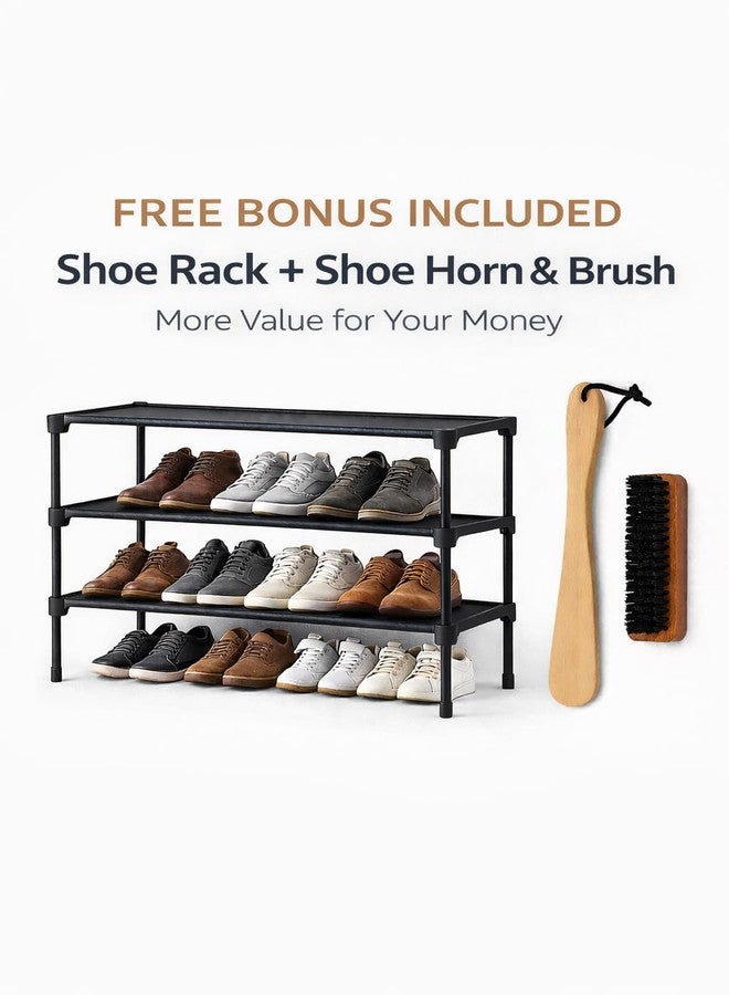 3-Tier Stackable Shoe Rack, Small Space Shoe Organizer for Entryway, Hallway & Closet, Space-Saving Storage, Black – Includes Shoe Horn & Shoe Brush - Image 2