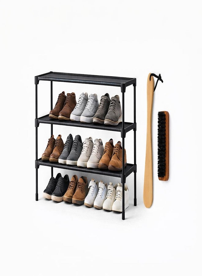 3-Tier Stackable Shoe Rack, Small Space Shoe Organizer for Entryway, Hallway & Closet, Space-Saving Storage, Black – Includes Shoe Horn & Shoe Brush - Image 1