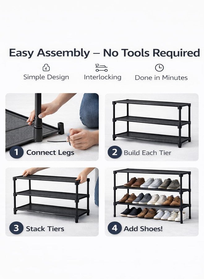 3-Tier Stackable Shoe Rack, Small Space Shoe Organizer for Entryway, Hallway & Closet, Space-Saving Storage, Black – Includes Shoe Horn & Shoe Brush - Image 4