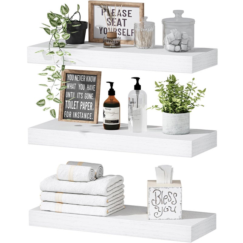 QEEIG Floating Shelves for Wall Bathroom Shelf Bedroom Kitchen Living Room Hanging Book Shelves Small Farmhouse Decor 16 inch Set of 3, White (015-W3) - Image 1