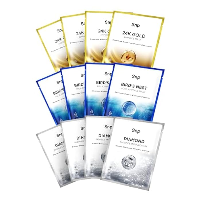 SNP Variety Ampoule Sheet Mask Set | Bird's Nest, 24K Gold, and Diamond Face Mask | Hydrating, Moisturizing, Nourishing for Sensitive Facial Skin | Korean Face Masks Skincare | 12 Sheets - Image 1