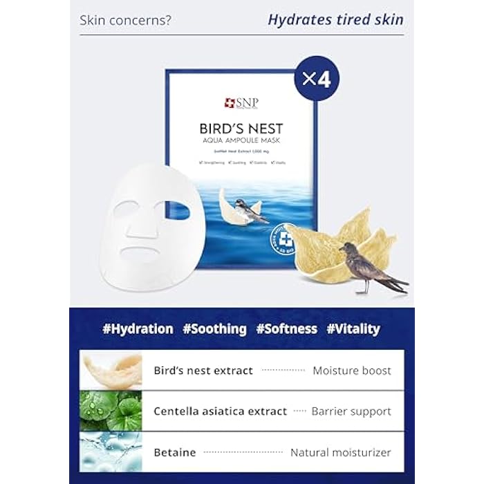 SNP Variety Ampoule Sheet Mask Set | Bird's Nest, 24K Gold, and Diamond Face Mask | Hydrating, Moisturizing, Nourishing for Sensitive Facial Skin | Korean Face Masks Skincare | 12 Sheets - Image 3