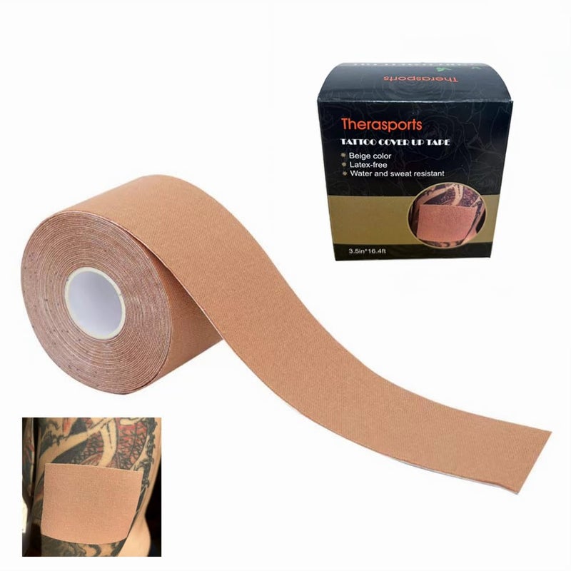 Therasports شريط لاصق عريض للغاية لتغطية الوشوم من ثيراسبورتس لتغطية الوشوم والندبات وشريط إخفاء الوشوم 3 بوصة × 5 يارد / 7.5 سم * 5 م بيج - Image 1
