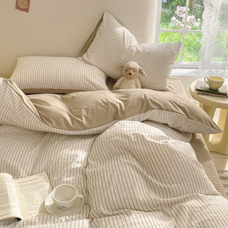 Easy Modern Striped Pattern Thin Stripes + Dark Blue Bed Sheets Washed Process Soft And Skin-Friendly Duvet Cover 3pcs Set (1 Duvet Cover + 2 Pillowcases Combination) Modern Stripes Breathable Microfiber Soft And Machine Washable Available in All Se - Image 5