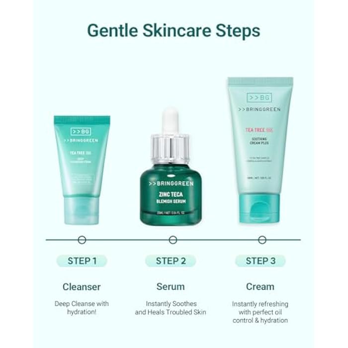 BRING GREEN TEA TREE CICA SET | Korean Skin Care Kit for Acne-Prone, Sensitive Skin | Zinc Teca Serum, Tea Tree Hydrating Moisturizer & Deep Cleansing Foam | Oil Control & Pore Care | K-Beauty Gift - Image 3