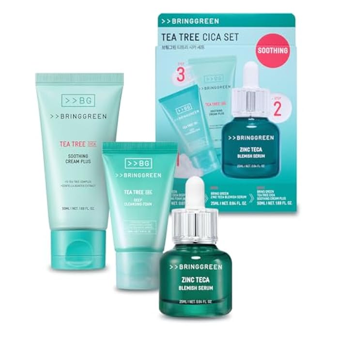 BRING GREEN TEA TREE CICA SET | Korean Skin Care Kit for Acne-Prone, Sensitive Skin | Zinc Teca Serum, Tea Tree Hydrating Moisturizer & Deep Cleansing Foam | Oil Control & Pore Care | K-Beauty Gift - Image 1