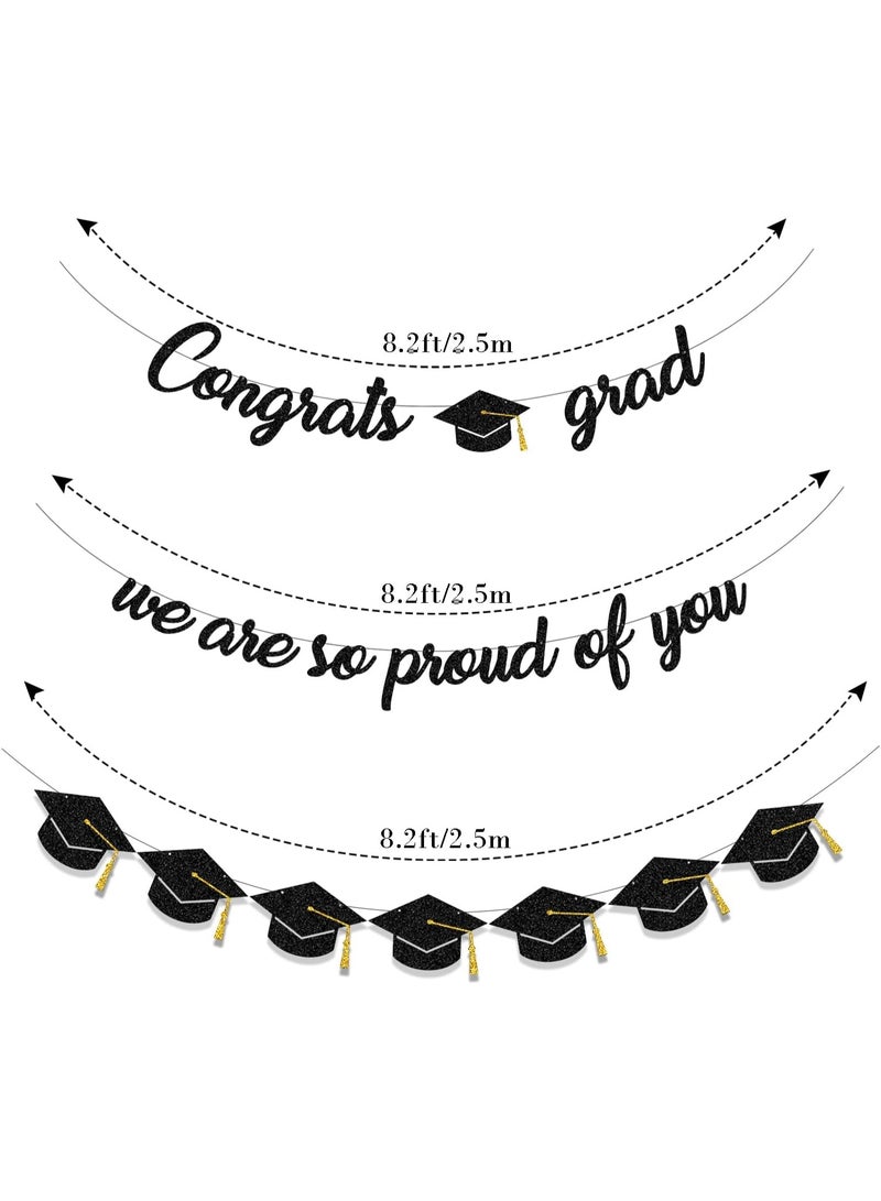 3-Piece Graduation Banner Set, Black Gold Glitter Congrats Grad Party Decorations - Image 2