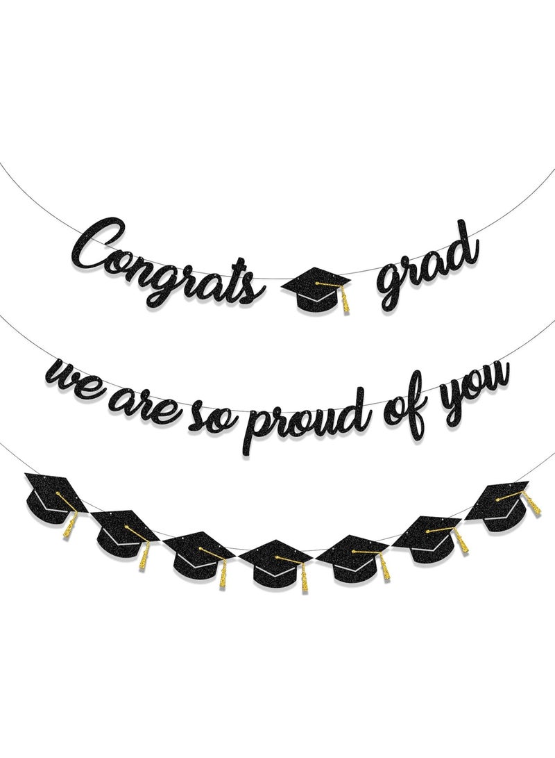 3-Piece Graduation Banner Set, Black Gold Glitter Congrats Grad Party Decorations - Image 1