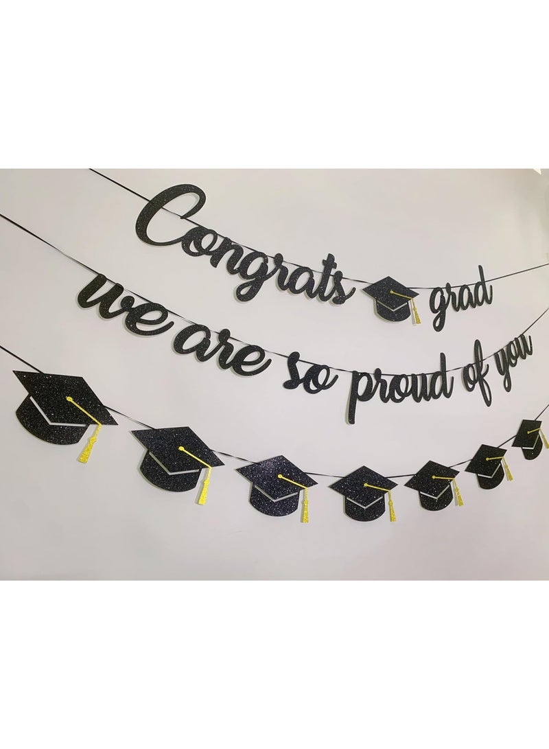 3-Piece Graduation Banner Set, Black Gold Glitter Congrats Grad Party Decorations - Image 3