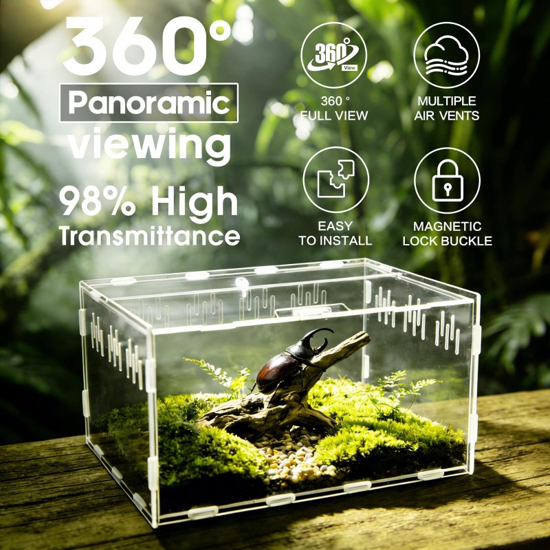 Adoture Acrylic Reptile Terrarium, Tarantula Enclosure with Magnetic Door, Easy-Clean Reptile Tank for Spider, Insect, Gecko, Mantis, Frog, Snail, Isopods(Tweezer and Bowl Included) - Image 2