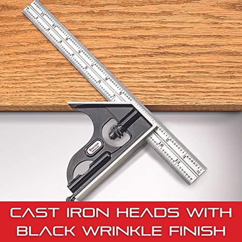 Starrett Combination Set with Square, Center and Reversible Protractor Head and Blade - 12" Blade Length, Cast Iron Heads, Hardened Steel, 4R Graduation Type - C435-12-4R - Image 3
