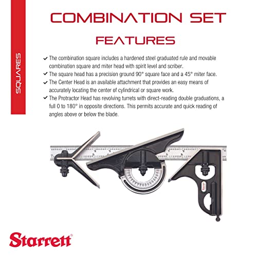 Starrett Combination Set with Square, Center and Reversible Protractor Head and Blade - 12" Blade Length, Cast Iron Heads, Hardened Steel, 4R Graduation Type - C435-12-4R - Image 2