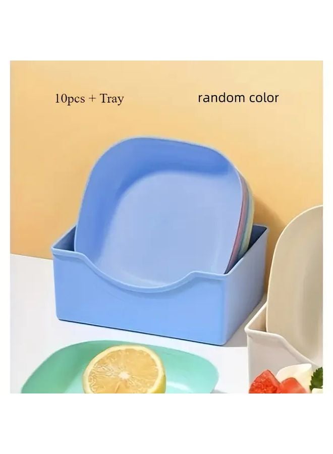 10 Square Plates With 1 Stand Durable Plastic Food Trays Random Color Kitchen Party Serving - Image 1