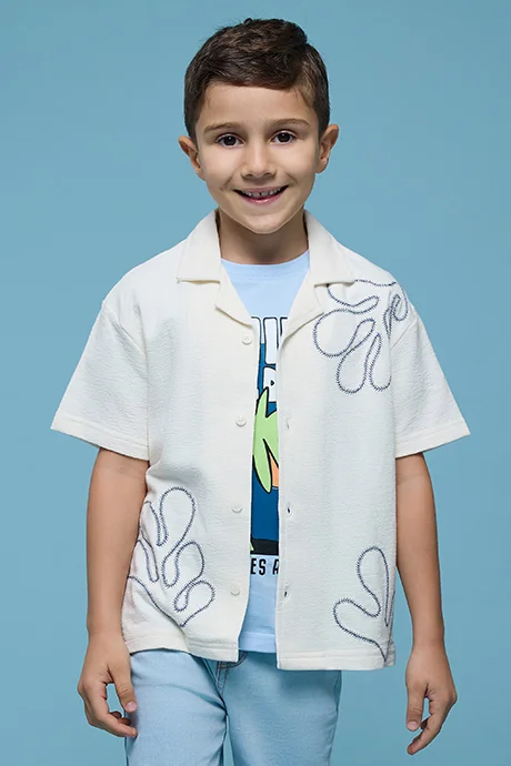 R&B Embroidered Shirt with Revere Collar and Short Sleeves