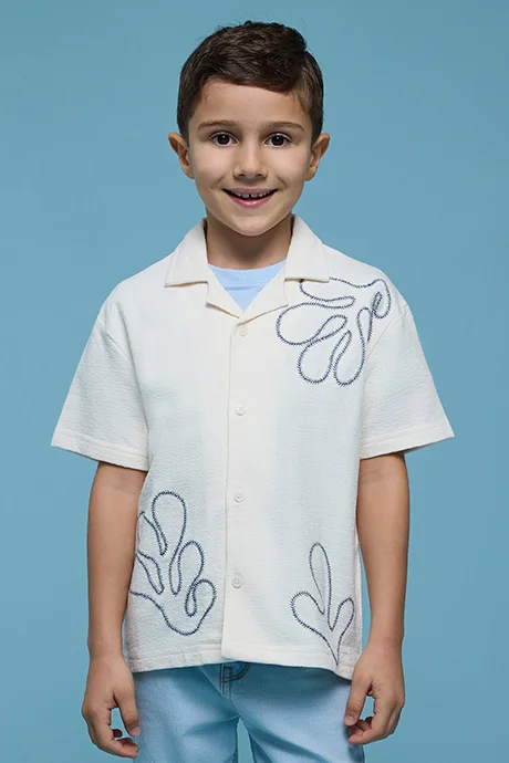 R&B Embroidered Shirt with Revere Collar and Short Sleeves
