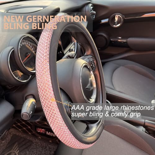 PINCTROT Bling Bling Comfy Steering Wheel Cover with Jumbo Crystal Rhinestones, Anti-Slip Diamond Leather, Universal 15 Inch (Pink) - Image 2