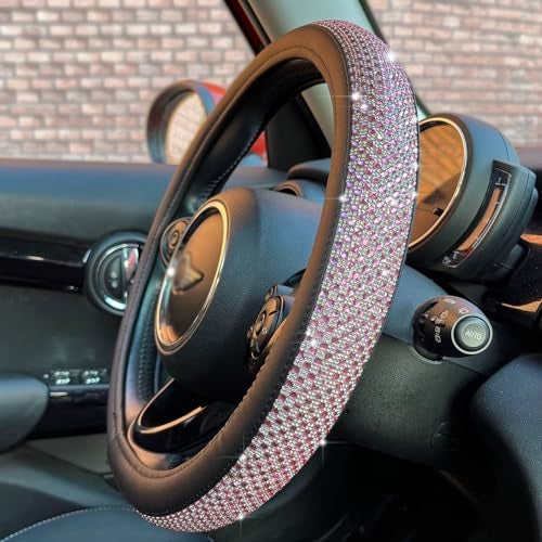 PINCTROT Bling Bling Comfy Steering Wheel Cover with Jumbo Crystal Rhinestones, Anti-Slip Diamond Leather, Universal 15 Inch (Pink) - Image 1