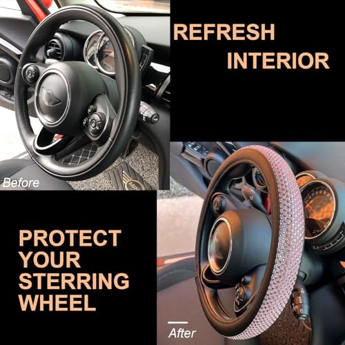 PINCTROT Bling Bling Comfy Steering Wheel Cover with Jumbo Crystal Rhinestones, Anti-Slip Diamond Leather, Universal 15 Inch (Pink) - Image 4