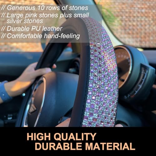 PINCTROT Bling Bling Comfy Steering Wheel Cover with Jumbo Crystal Rhinestones, Anti-Slip Diamond Leather, Universal 15 Inch (Pink) - Image 3