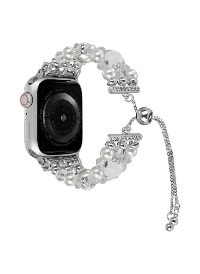 Generic - Replacement Strap For Apple Watch Series 8 45mm Beaded Onyx Retractable Chain Watch Band White - Image 1