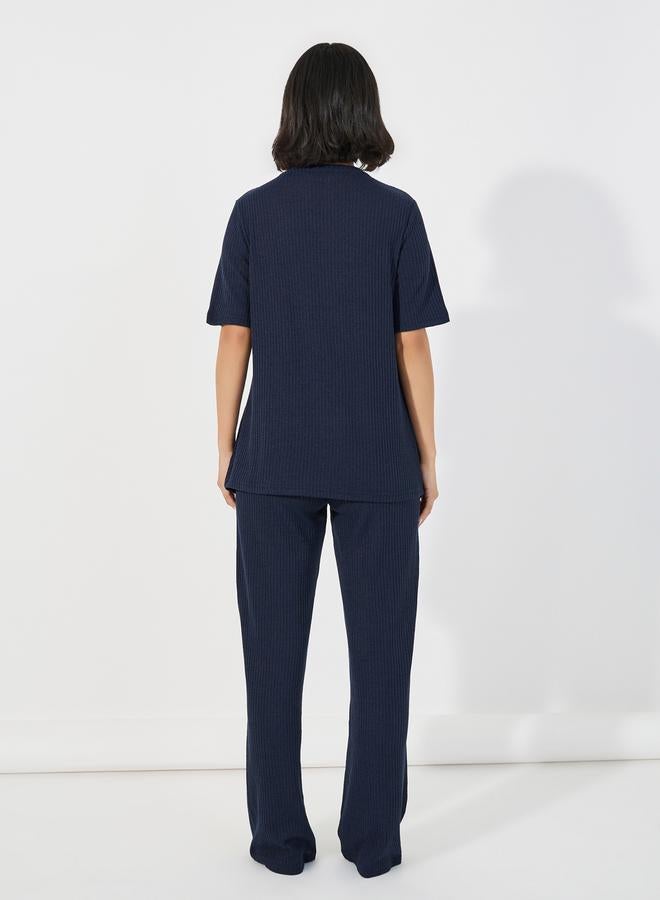 Styli Brushed Ribbed Asymmetric Trim Top & Wide Leg Pants Lounge Set  - Image 4