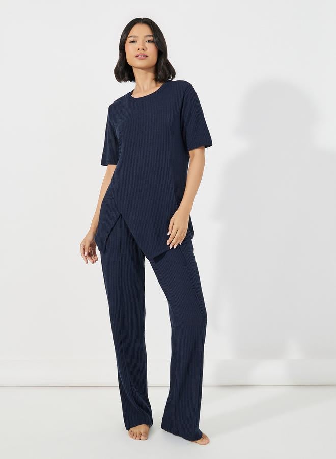 Styli Brushed Ribbed Asymmetric Trim Top & Wide Leg Pants Lounge Set  - Image 1