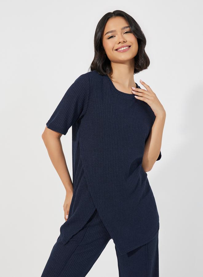 Styli Brushed Ribbed Asymmetric Trim Top & Wide Leg Pants Lounge Set  - Image 2