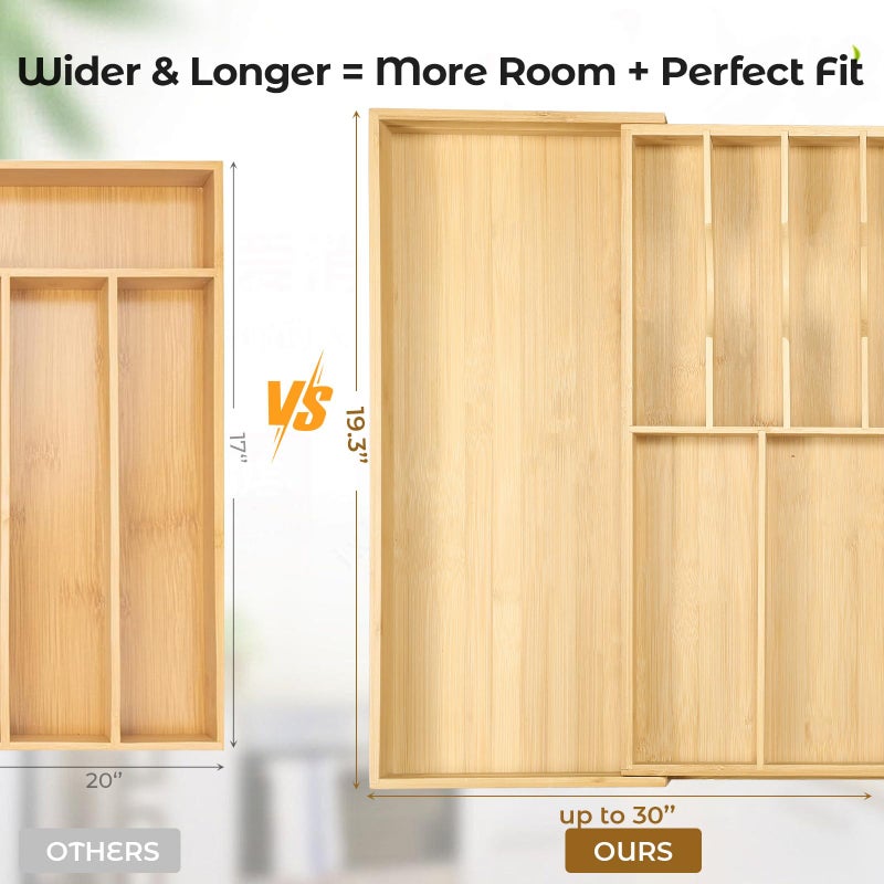 Fabsome Silverware Organizer for Cabinet Drawer, Expandable from 16.7'' to 30'' Wide Bamboo Wood Flatware Tray for Large Kitchen Drawers, Cutlery Utensil Holder - Image 4