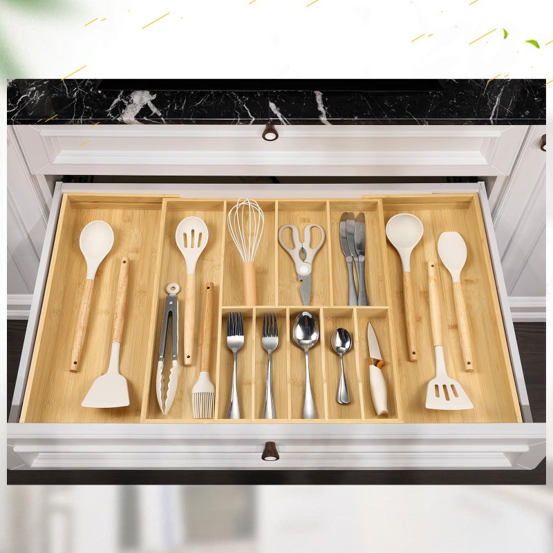 Fabsome Silverware Organizer for Cabinet Drawer, Expandable from 16.7'' to 30'' Wide Bamboo Wood Flatware Tray for Large Kitchen Drawers, Cutlery Utensil Holder - Image 5