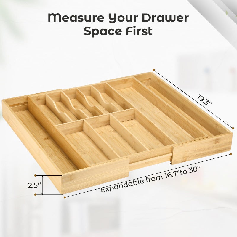 Fabsome Silverware Organizer for Cabinet Drawer, Expandable from 16.7'' to 30'' Wide Bamboo Wood Flatware Tray for Large Kitchen Drawers, Cutlery Utensil Holder - Image 2