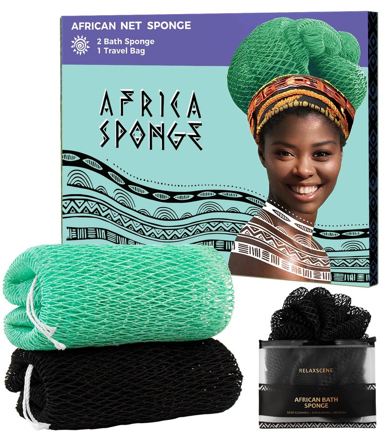 RelaxScene African Exfoliating Net Sponge Black & Seawave - 2 Pack Real African Net Authentic - Body Wash Scrubber for Shower Bath - Africa Bath Sponges for Men Back Scrubber Shower Accessories - Image 1