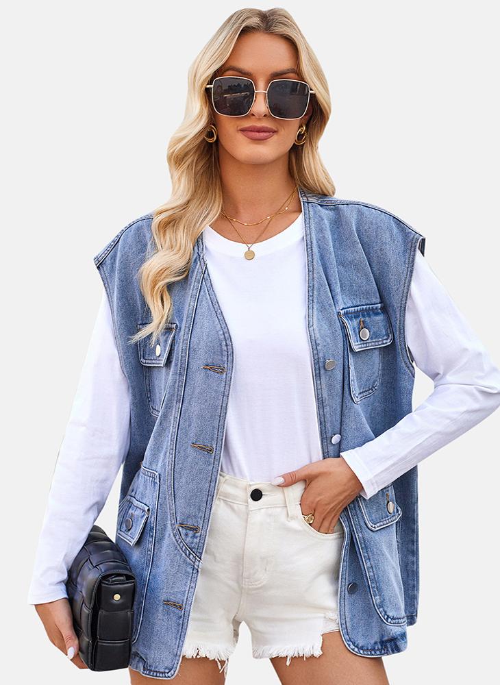 يونيكي جاكيت جينز بدون أكمام بقصة عادية أزرق سادة - Image 3