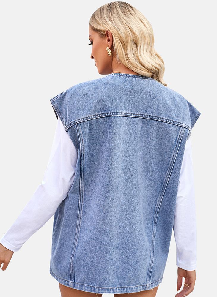 يونيكي جاكيت جينز بدون أكمام بقصة عادية أزرق سادة - Image 4