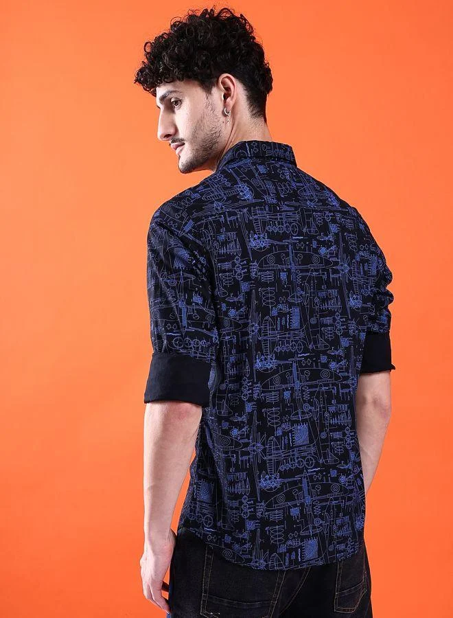 ذا انديان كراج كو Men Slim Fit Abstract Printed Full Sleeves Cutaway Collar Casual Shirt